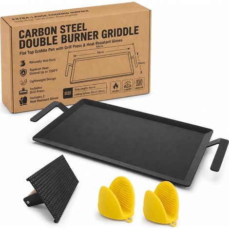 Plaque de Cuisson en Acier Carbone 60 x 26 cm pour Barbecue à Gaz Plancha Teppanyaki Plate avec Presse à Burger et Gants Résistants à la Chaleur, pour Cuisinière et Plaque à Induction (1/5)