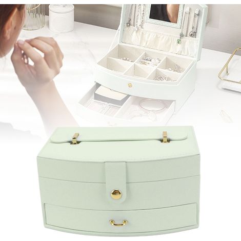 Boîte à bijoux à double compartiment avec serrure, boîte de rangement de style tiroir, fraîche et propre, pour colliers, bracelets et autres bijoux, vert menthe macaron. (1/5)