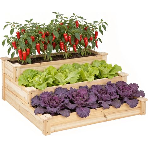 Woltu – Jardinière surélevée en bois massif 3 niveaux – Design en escalier 92x92x35 cm – Fond ouvert pour drainage optimal – Assemblage facile