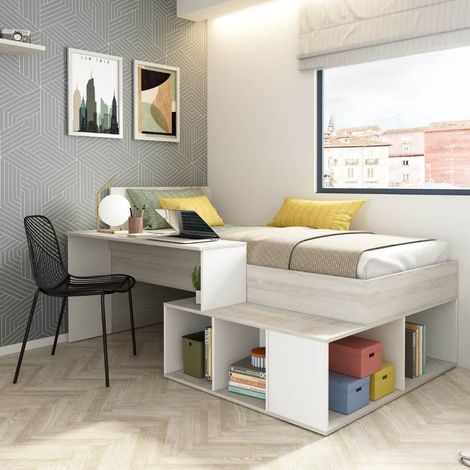 Letto combinato 90 x 200 cm con vani portaoggetti e scrivania Naturale e Bianco - RIGALI (1/5)