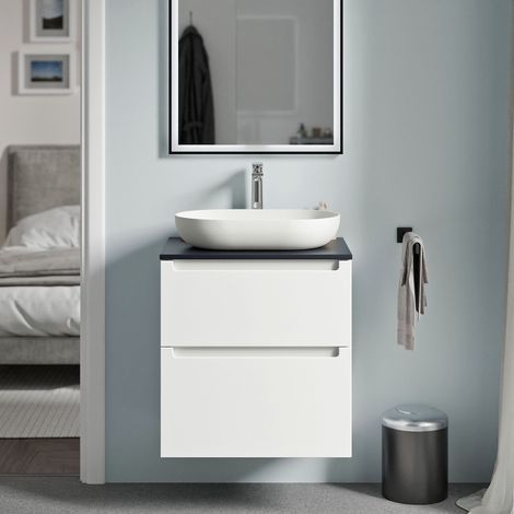 BERNSTEIN - Mueble lavabo suspendido MDF blanco mate, encimera de lavabo azul noche mate, cajones giratorios 60x46x62cm - VIREO blanco mate, Azul medianoche mate
