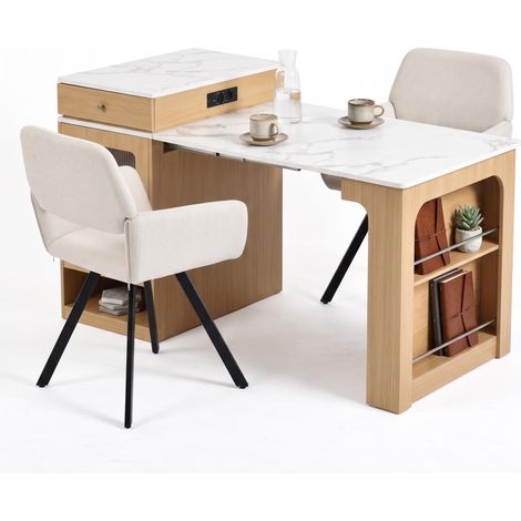 FurnitureR MDF Ausziehtisch Set mit 2 drehbaren Stoffstühlen Naturfarbener MDF-Ausziehtisch mit Stauraum, Steckdosenmodul und 2 beigen Drehstühlen (1/5)