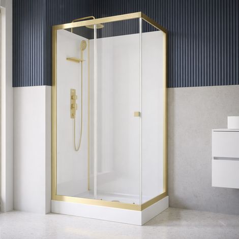 Cabina doccia 110x80x206.5/236.5cm Bianca e Profili Oro Spazzolato - Piatto Standard