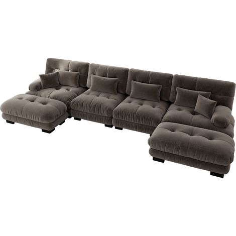 ELVMI Canapé d'angle modulaire 4 places avec ottoman mobile, Style Moderne, en Chenille, Marron (1/5)