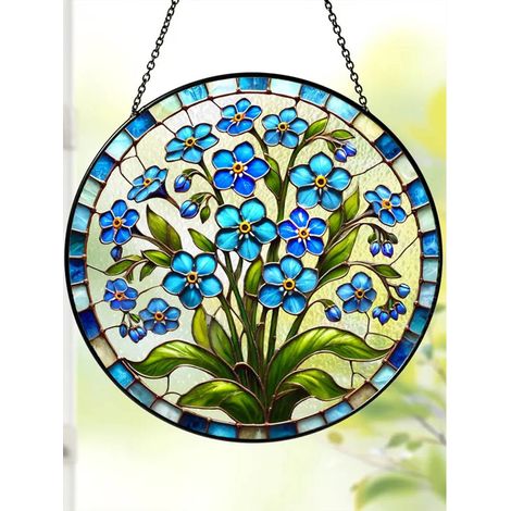 Attrape-soleil vitrail 20 cm, fenêtre suspendue, fleurs bleues