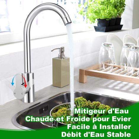 Mitigeur de Cuisine en Acier Inoxydable Robinet d'Évier Eau Chaude et Froide Pivotant à 360° avec Tuyaux d'Alimentation (1/5)