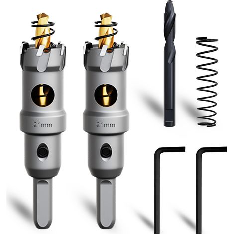 Lot de 2 scies cloches en métal de 21 mm - Scie cloche en carbure de tungstène - Avec un foret de guidage nitré supplémentaire et une clé en L - Pour acier, fer, aluminium, métal (1/5)
