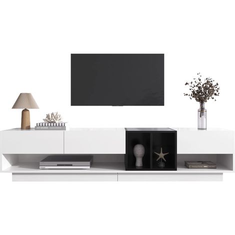 Meuble TV -190x40x42 cm-3 Tiroirs & 2 Casiers -Design Moderne-Contreplaqué Hochglanz-Blanc/Noir