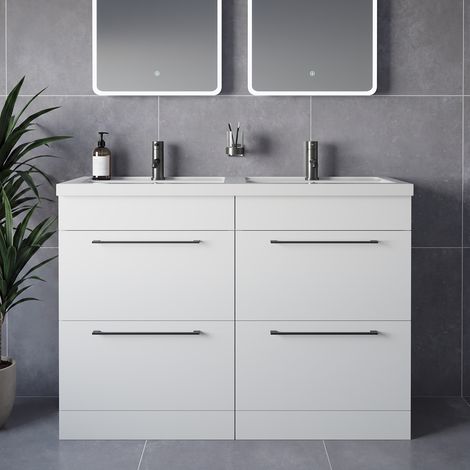 Napoli 390 Gloss White 1200mm 4 Drawer Vanity Unit with Double Lucia Basins - 1200mm - Gunmetal Grey 320mm Handle