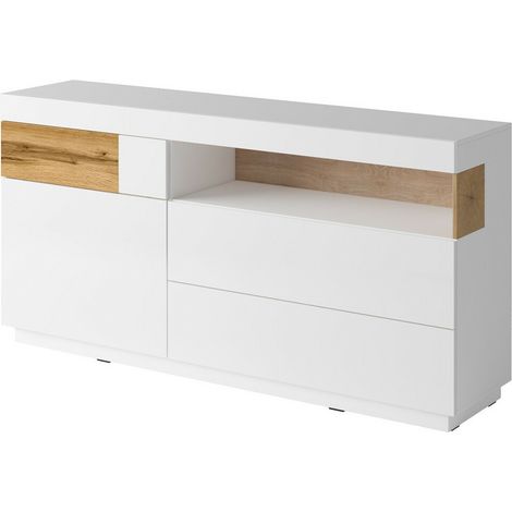 Cómoda Livlore 107, Blanco + Blanco brillante + Roble wotan, Con cajones y puertas, Número de cajones: 0, 85x169x40cm (1/3)