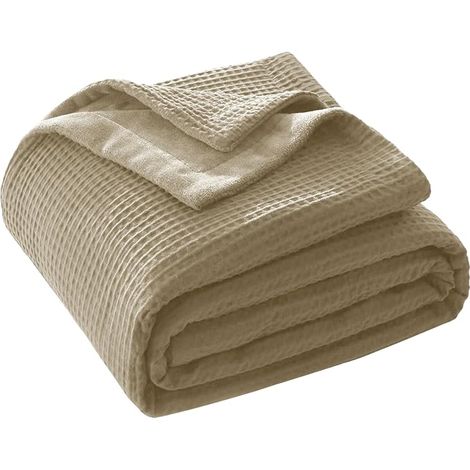 Couverture coton - 220 x 240 cm - Couverture coton gaufré et velours - Douce et moelleuse - Pour canapé, lit - Kaki (1/5)