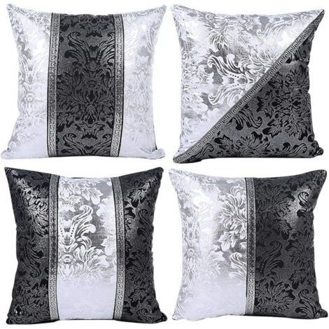 Housse de Coussin Licorne Géométrie Feuilles et Fleur Motif Taie d'oreiller pour Canapé Maison Salon Chambre Décoration D'intérieur, 45x45cm, Ensemble de 4 pièces(Porcelaine Noire et Blanche) (1/4)