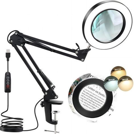 Lampe Loupe, Lampe de Bureau avec Loupe 10X et LED, Loupe Eclairante avec Pince en Métal et Bras Pivotant Réglable, 3 Modes de Couleur,10 Niveaux de Luminosité pour Artisanat, Réparation (1/5)