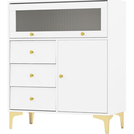 Baúl de almacenaje 80x40x95,5 cm con 3 cajones y 2 armarios con puertas de cristal estriado diseño moderno en madera blanca 200011568