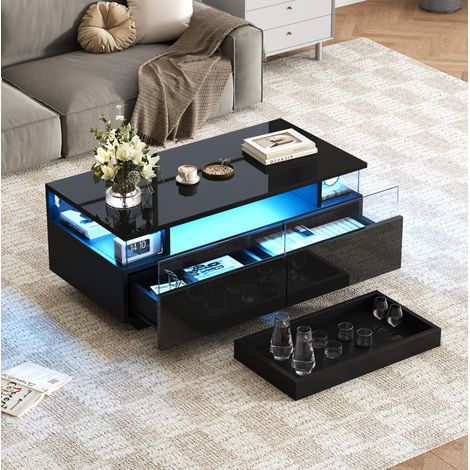 Table basse 90x45x35.5 cm noire en MDF et verre trempé avec 2 tiroirs, plateau amovible, LED et finition brillante (1/5)