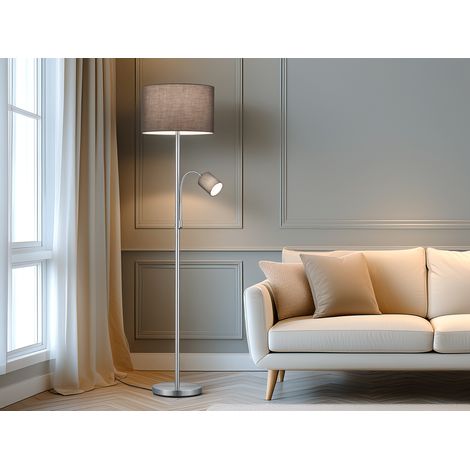 LED Stehleuchte Silber mit Leselampe, Stoffschirme Grau, Höhe 170cm (1/5)