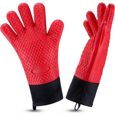 Gants de cuisine en silicone AVANA, résistants à la chaleur, antidérapants et doublés de coton doux, pour griller, faire des barbecues et cuisiner jusqu'à 250 °C - Rouge (1/5)