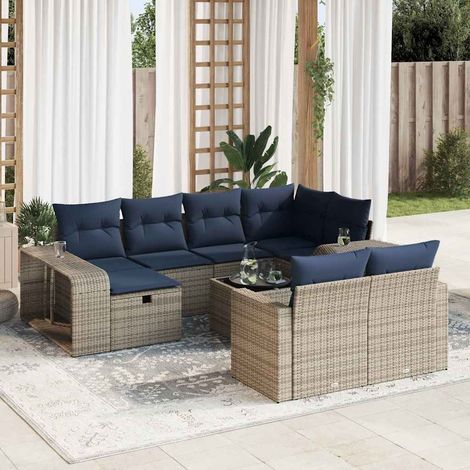 Canapé de Jardin 11 Pièces en Résine Tressée Gris avec Coussins, Table et Pouf (1/5)