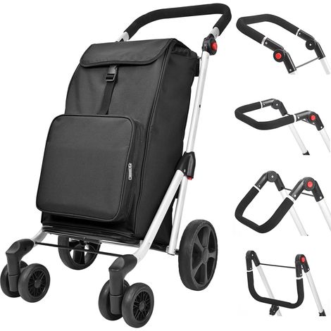 Chariot de Courses Pliable 6 Roues Monte-Escalier, Panier en Aluminium 45L avec Sac Isotherme 8L, Caddie de Marché, Charge Max 25kg, Noir (1/5)