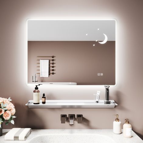 SIRHONA Miroir lumineux de salle de bain avec étagère éclairée - Miroir de Salle de Bain LED Étoile & Lune - Antibuée, 3 Tons de Lumière, Prise Intégrée, 80x60 cm (1/5)