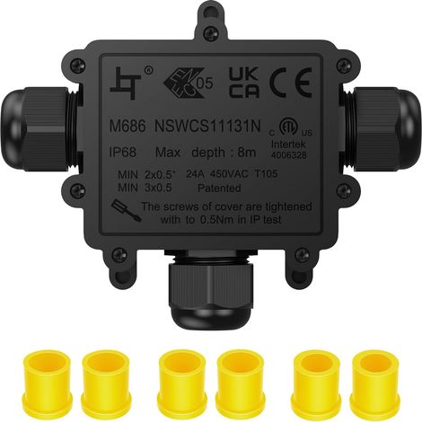 Boîte câble étanche IP68 T 3 voies noire Boîte de dérivation câble IP68 en forme T, 1 entrée 2 sorties, pour câbles 4-8/8-12/10-14 mm, connexion 0,5-4 mm². (1/5)