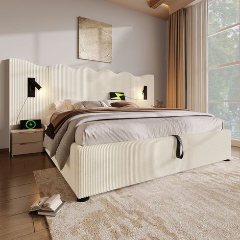 letto contenitore 180x200 con USB luce lettura beige OKMYHOME (1/5)