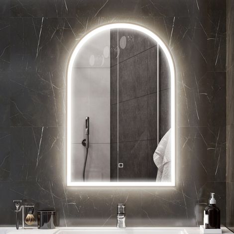 Miroir de salle de bain LED 90 x 60cm, mural, 3 couleurs, arqué cadre en aluminium, désembuage et interrupteur tactile (1/5)