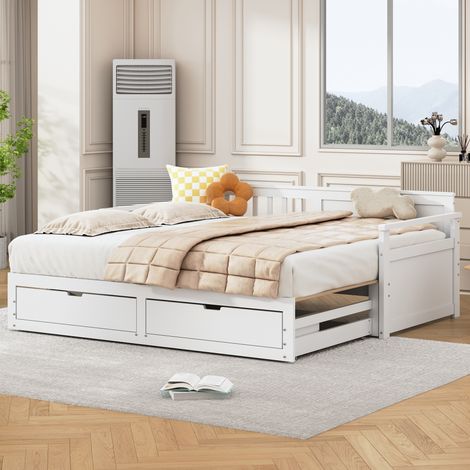 Lit superposé escamotable 90x190 cm en pin blanc, avec tiroirs de rangement et couchage 2-en-1 (180 cm)