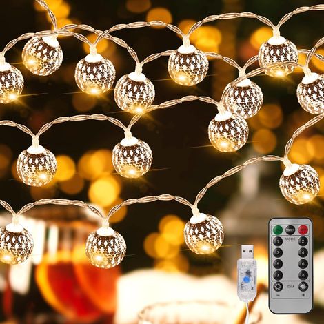 Guirlande lumineuse LED intérieure – Guirlande lumineuse USB d'extérieur – 40 boules marocaines en argent avec télécommande pour chambre, balcon, mariage, décoration de sapin de Noël, 6 m Blanc chaud (1/5)