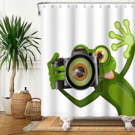 180x180cm Cute Funny Frog Shower Curtain Photographer Frog Big Eye Photo Taking Animal White Bath Curtain for Children's Bathroom Polyester with Hooks (1/5)