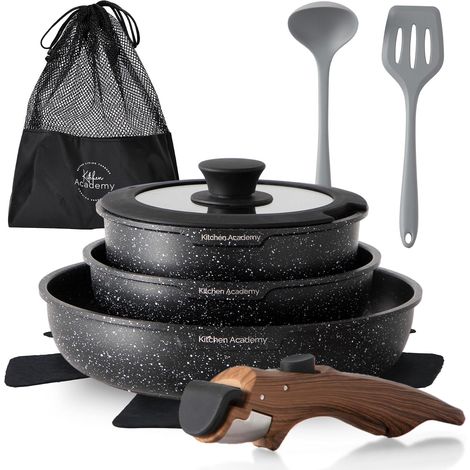 Lot de 10 Casseroles et Poêles,Poignée Amovibl,Noir  Couvercles en Verre et Revêtement en Marbre et Revêtement Anti-adhésif Compatible Induction Poignée Lisse et Veinée (1/5)