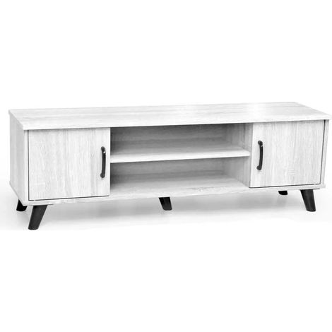 Meuble TV Ares en bois blanc 120 x 33 x 40 cm avec deux portes et deux étagères