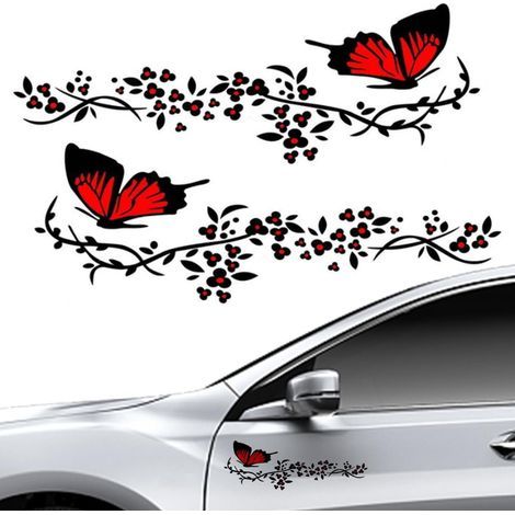 CCYKXA 2 Pack Car Stickers, Butterfly and Flower Pattern Car Stickers, Personalized Stickers for Hood Cover, Motorcycle, Skateboards, Suitcases, Walls (Red and Black)