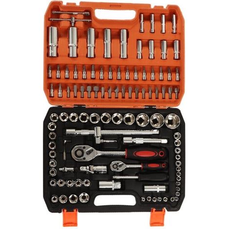 108-piece mechanical repair tool kit, impact sockets, ratchet and hex keys, screwdriver bits (1/4)