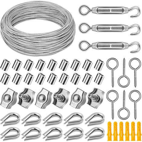 50m/2mm Wire Rope Kit,304 PVC Stainless Steel Cable Hanging,Outdoor String Lights,Trellis Climbing Plant,Clothesline,Fence,Cable Hanging Kit (1/5)