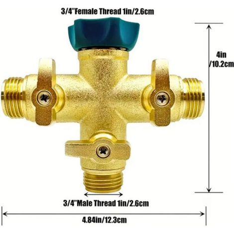 Adaptateur de Robinet 3 Voies - Répartiteur en T 3/4" avec vanne d'arrêt, Double raccord, Distributeur de raccordement d'eau (1/4)