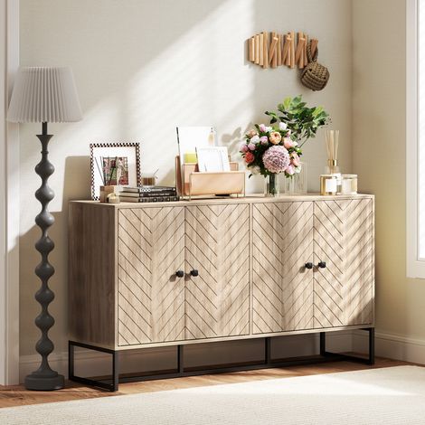 Aparador de Salón con 4 Puertas con Diseño Chevron Estantes Ajustables Patas de Acero 140,5x40x81,5 cm Roble