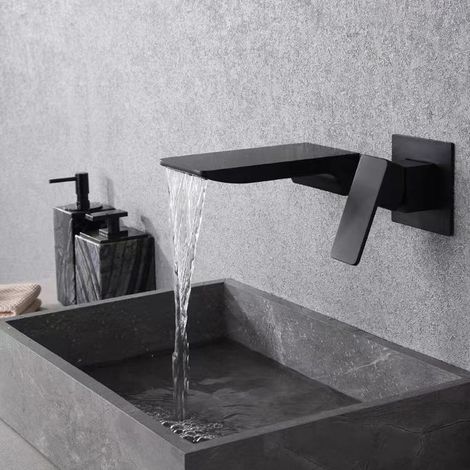 Robinet de lavabo encastré noir, robinet cascade mural noir, robinet en laiton à double trou.