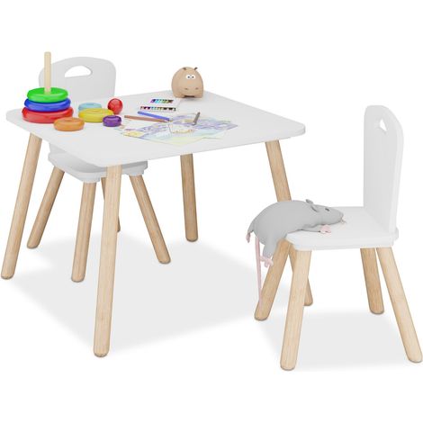 Relaxdays Kindersitzgruppe, 3-tlg., Kindertisch mit 2 Stühlen, Mädchen & Jungen, Sitzecke fürs Kinderzimmer, weiß/ natur