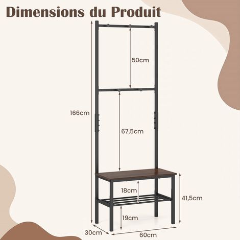 Porte-Manteau avec Étagère à Chaussures, Meuble d’Entrée 3-en-1, avec Banc, Cadre Métallique, Porte-Chaussures, 60 x 30 x 166 CM, Étagère à 3 Niveaux (1/5)