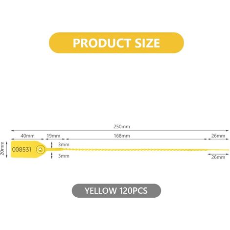 120 PCS Inviolable Scelle la Signalisation, 250mm/9.8in Attaches en Plastique Autobloquantes Imprimé avec le numéro de série, languettes de sécurité jetables pour Extincteur(Jaune)