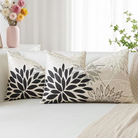 Abstraites Fleurs Noir Gris Clair Housse de Coussin Géométrique 40x60cm, Lot de 2 en Lin Canapé Taie d'oreiller pour Maison Salon Chambre Printemps Floral Décoration D'intérieur (1/5)