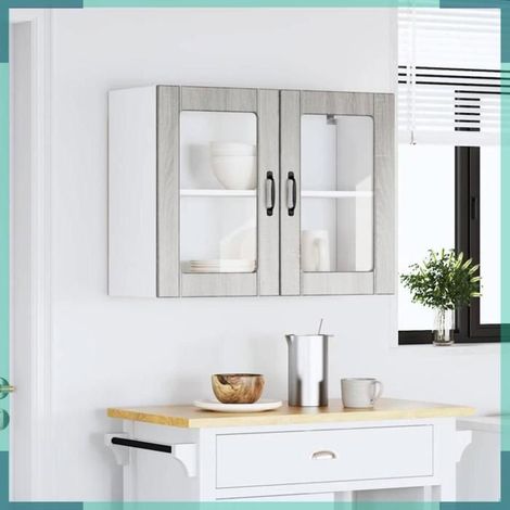 853853 Armoire murale de cuisine avec porte vitrée 'Lucca' Bois d'ingénierie Sonoma gris (1/5)