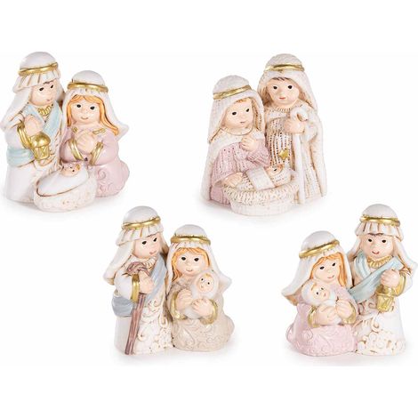 Statuette per Presepe con Sacra Famiglia in resina colorata con dettagli dorati, da appoggiare, set da 8 pezzi, cm 4 x 3 x 4,5 H