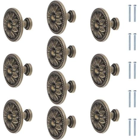 Lot de 10 boutons de meuble ronds en bronze antique avec fleurs - 35 mm - Vintage - Pour tiroir de placard de cuisine - Poignée de tiroir en bronze (1/4)