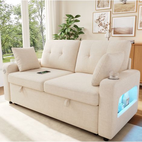 Canapé convertible 2 places en tissu beige avec LED réglable, ports USB et Type-C, rangement d'accoudoirs, porte-gobelets et 2 coussins – CHICFURN, idéal petit espace (1/5)