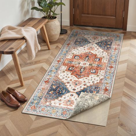 Tapis Salon Vintage Entree 80x150cm Lavable en Machine AntidéRapant Poil Ras, pour Chambre Salle a Manger Descente de Lit Bureau, Cuisine, Double Face (Taupe/Orange) (1/5)