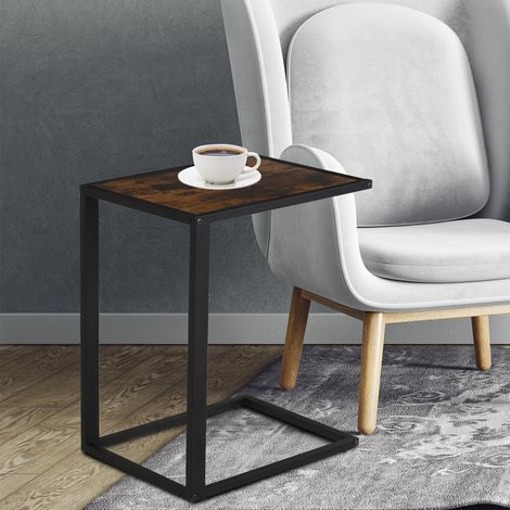 Mesita auxiliar en forma de C, mesa de centro, mesa para portátil para dormitorio y sala de estar, espacios pequeños, con estructura metálica, estilo industrial, metal, MDF, marrón rústico, 40,6 x 50,