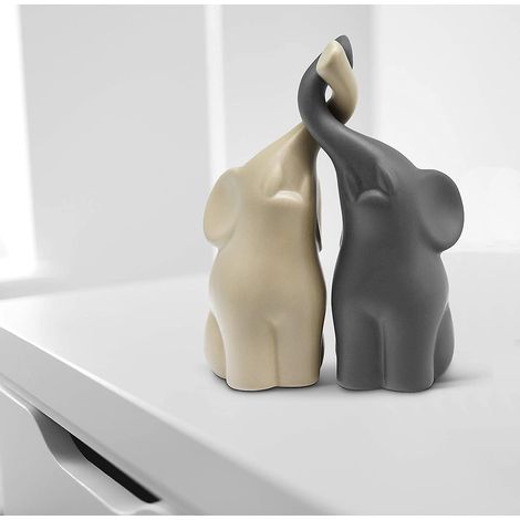 couple Harmonieux Dlphants En Cramique Beige & Gris - Sculpture Moderne, Couple De Deux Lphants Indpendants - Figurine De Dco 15 Cm De Hauteur - L (1/5)