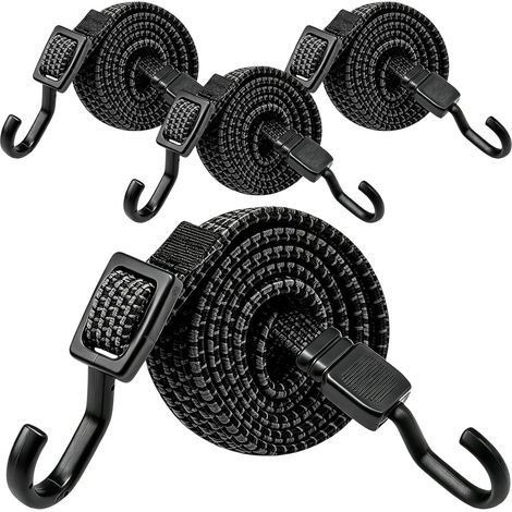 Lot de 4 tendeurs réglables en caoutchouc avec crochets, 100 cm, noirs, extra solides, pour voile d'ombrage, jardin, vélo, voiture, bâches (noir) (1/5)